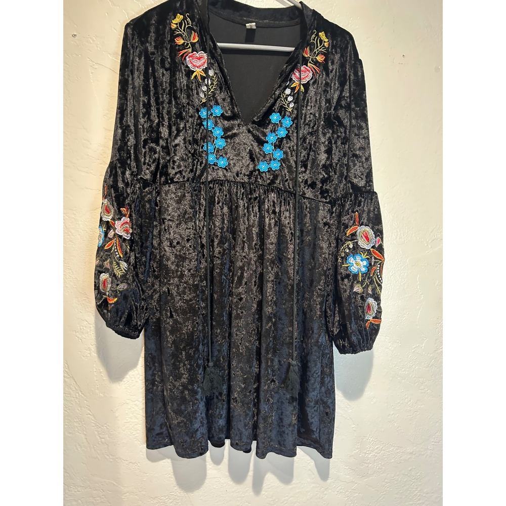 Black Crushed Velvet Floral Embroidered Boho Mini Dress Tassel V-Neck‎ xl